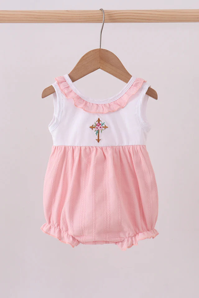 Girls Pink Embroidered Cross Bubble
